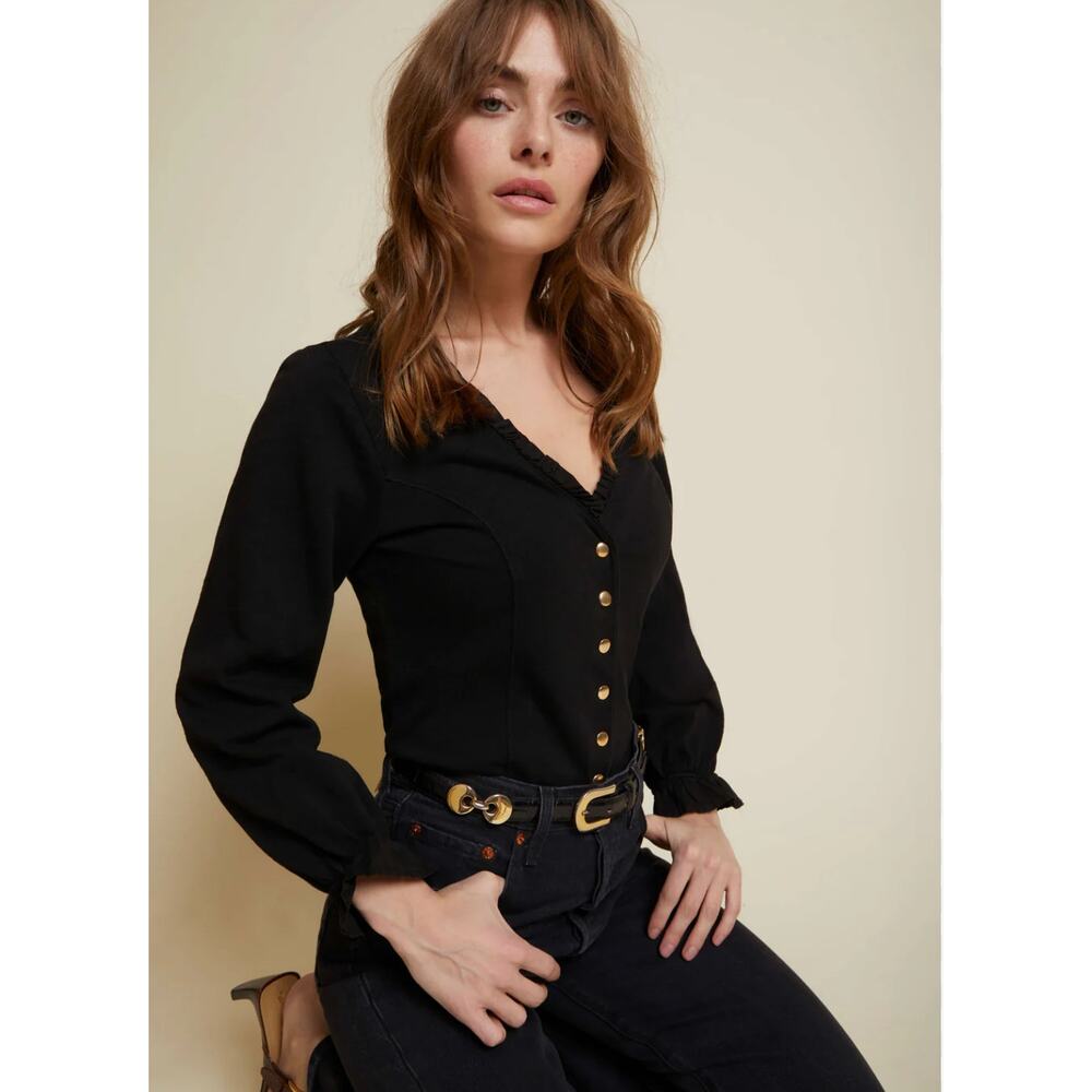 Nation LTD Leandra Edwardian Snap Front V-Neck Top S Ruffle Jet Black Victorian